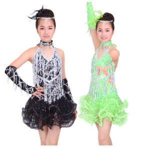 Custom size girls children long sequined tassel latin dress salsa dance dress backless