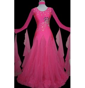 Custom size girls women children competition diamond Women's fuchsia competition ballroom waltz dance dress