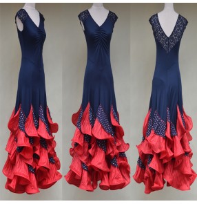 Custom size handmade red navy polka dot  long length swing hem skirt sleeveless v neck competition professional ballroom flamenco waltz tango dance dresses