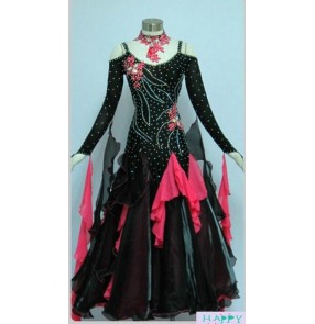 Custom size high quality Women's black and fuchsia patchwork diamond ballroom dance dress long sleeves