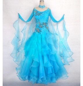 Custom size luxury diamond Women's turquoise competition ballroom waltz dance dress
