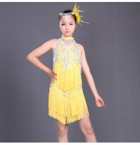 Custom size sequined tassel girls child salsa latin dance dress red neon green 110-160cm