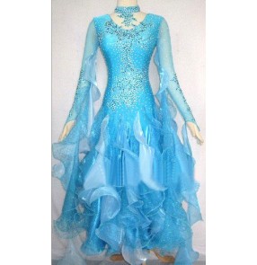 Custom size Women's competition diamond long sleeves waltz ballroom dance dress