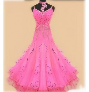 Custom size Women's diamond competition fuchsia long length waltz tango ballroom dance dress