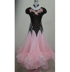 Custom size Women's diamond competition pink and black patchwork sleeveless waltz tango ballroom dance dress