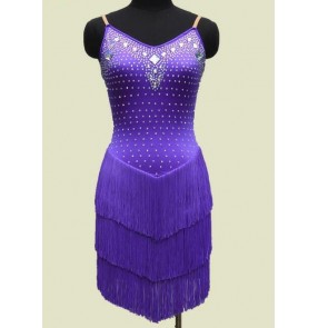 Custom size Women's girls kids violet color handmade diamond tassels backless professional competition high quality latin dance dress samba chacha dance dresses