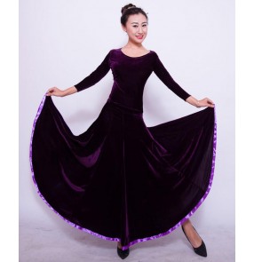 Custom size Women's girls ladies competition violet royal blue black velvet long sleeves ballroom dance dresses set long sleeves top and long length skirts