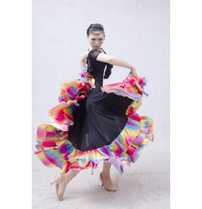 Custom size Women's girls ladies female black rainbow ruffles patchwork skirts hem competition long length full skirted standard ballroom tango waltz dance skirts ( only skirt)