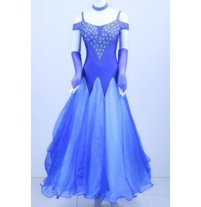 Custom size Women's royal blue diamond decoration competition ballroom waltz tango dance dress