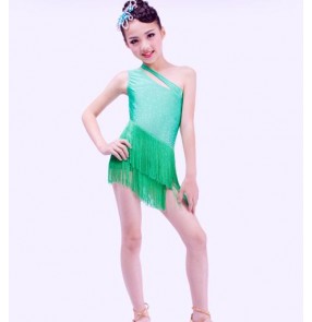 Dark green neon green  light pink one shoulder rhinestones fringes tassels girls kids child children toddlers growth latin salsa cha cha  samba  rumba dance dresses 