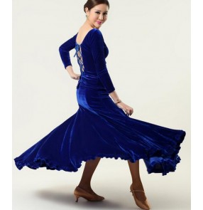 Dark green Wine red royal blue violet Women's velvet long sleeves ballroom dance dress sets top and long length full skirt