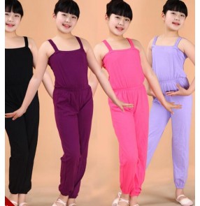 Dark purple violet light pink fuchsia turquoise blue yellow black strap girls kids child children catsuit jumpsuits bodysuits unitard  gymnastics practice ballet latin dance costumes leotard  pants