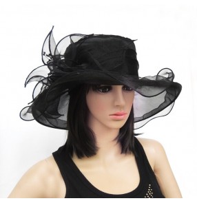 Elegant Women Wide Brim Floral Floppy Net Ribbon Fancy Derby Wedding Dress Organza Church Hat White Black