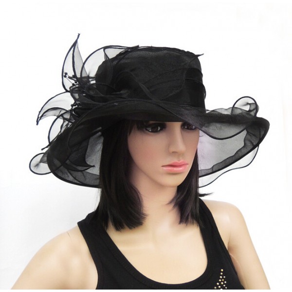 Elegant Women Wide Brim Floral Floppy Net Ribbon Fancy Derby Wedding ...