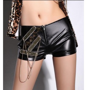 Female  black ds jazz dance shorts pu leather 