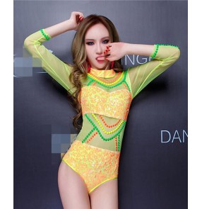 Female yellow hollow printed jazz dance bodysuit dance costume 