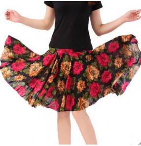 Floral black red colored women's ladies female professional exercises practice latin samba salsa cha cha rumba dance skirts 