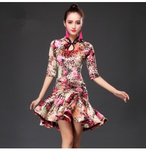 Floral printed velvet  turtle neck women's ladies middle long sleeves competition performance ballroom latin salsa dance dresses outfits costumes