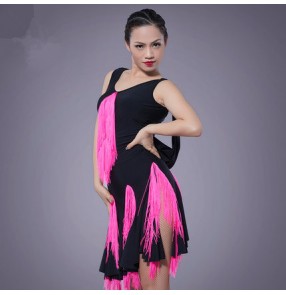 Fuchsia black patchwork colored women's ladies female competition professional sleeveless backless tassels latin samba salsa cha cha dance dresses