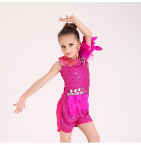 Fuchsia colored girls kids child children baby short sleeves sequins rhinestones feather decoration modern dance jazz dance dj ds dance costumes dresses set top and shorts