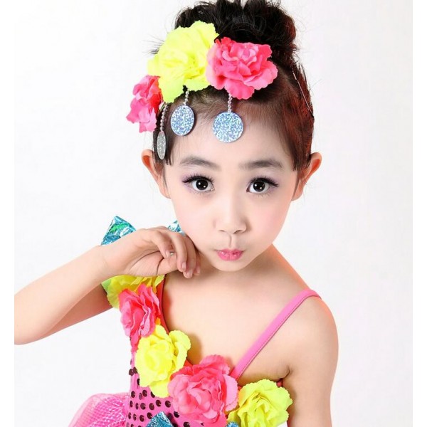Fuchsia green yellow rainbow colored flowers paillette toddlers girls ...