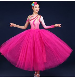 Fuchsia hot pink gradient colored long sleeves big skirted long length women's ladies fashion modern dance  fairy cosplay party performance dancing dresses outfits