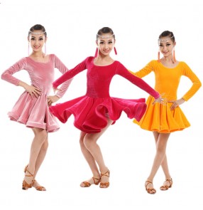 Fuchsia hot pink light pink orange velvet girls kids children competition school play stage performance latin cha cha ballroom dance dresses outfits