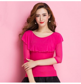 Fuchsia hot pink long sleeves ruffles neck women's ladies female competition professional ballroom tango waltz latin dance tops