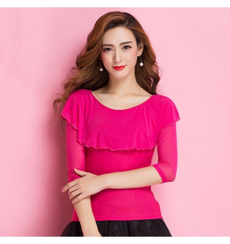 Fuchsia Hot Pink Long Sleeves Ruffles Neck Women S Ladies Female