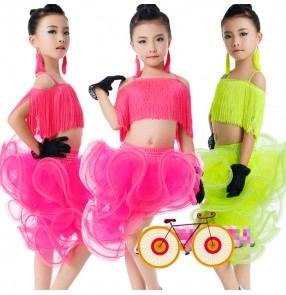 Fuchsia hot pink neon green fringes split sets girls kids children competition performance professional ballroom latin salsa cha cha dance dresses outfits