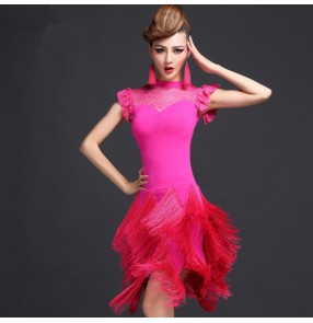 Fuchsia hot pink royal blue sleeveless turtle neck lace patchwork tassels fringe womens women's ladies female competition professional latin samba salsa cha cha dance dresses split set 