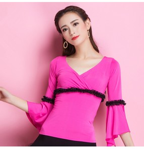 Fuchsia hot pink v neck flare long sleeves microfiber women's ladies competition stage performance latin cha cha ballroom waltz dancing tops blouses shirts