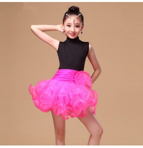 Fuchsia neon green red black patchwork girls kids child children baby turtle neck sleeveless ruffles swing skirts latin samba salsa cha cha dance dresses