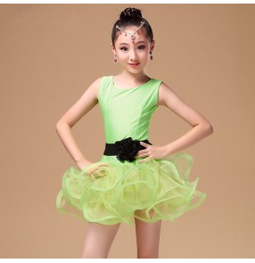 Fuchsia neon green red colored girls kids child children sleeveless double shoulder competition  professional latin  samba salsa cha cha dance dresses with sashes