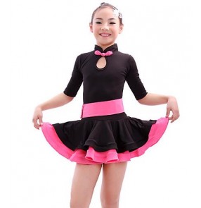 Fuchsia orange black patchwork colored girls kids child children short sleeves turtle neck exercises practice latin dance dresses  salsa dance dresses