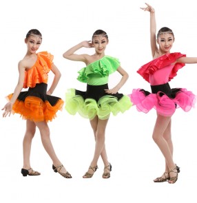 Fuchsia orange neon green patchwork one inclined ruffles shoulder girls kids child children baby latin dance dresses samba salsa cha cha dance dresses