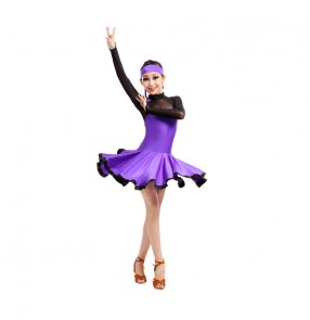 Fuchsia orange violet Girls children long sleeves milk silk latin ballroom dance dresses 110-160