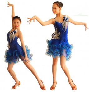 Fuchsia red black turquoise , royal blue white violet rhinestones girls kids child children kindergarten growth backless sleeveless competition professional latin ballroom dance dresses