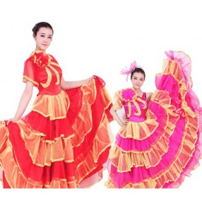 Fuchsia red gold patchwork one shoulder womens women's ladies female big swing skirted modern dance opening chorus dancing flamenco spanish bull dance clothes dresses 540degrees