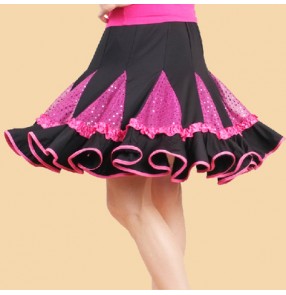 Fuchsia red green colored women's ladies female sequins patchwork swing hem skirt exercises standard latin dance skirts  