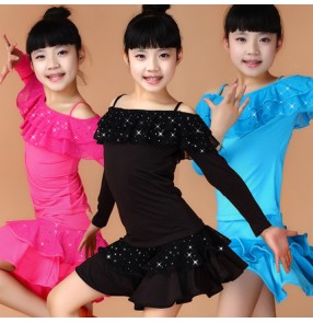 Fuchsia red turquoise black sequined ruffles neckline long sleeves competition professional  practice latin ballroom split set dance dresses