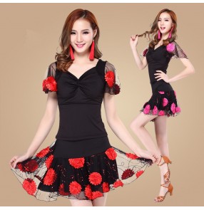 Fuchsia red turquoise violet flower black patchwork short sleeves v neck ladies women's female exercises practice latin samba salsa cha cha dance dresses split set