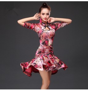 Fuchsia rose floral printed velvet middle long sleeves women's competition practice latin ballroom cha cha dance dresses outfits dance wear