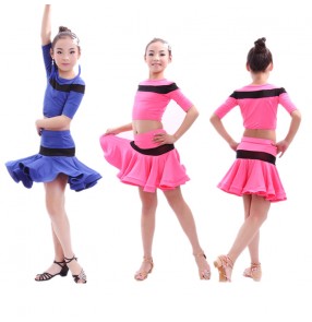 Fuchsia royal blue patchwork colored girls kids children child baby short sleeves split set striped competition exercises  latin dance dresses sets samba salsa cha cha dance dresses