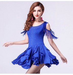 Fuchsia royal blue red Women's ladies female tassels cap sleeves rhinestones ruffles skirt exercises practice competition latin samba cha cha dance dresses