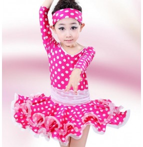 Fuchsia royal blue white polka dot colored girls kids child children toddlers baby competition professional long sleeves latin salsa cha cha dance dresses 