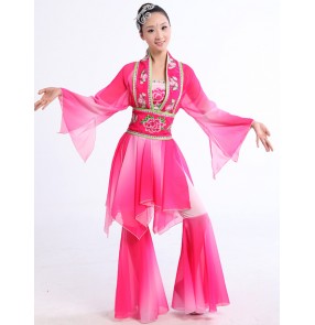 Fuchsia violet colored women's ladies female long sleeves chinese china  folk dance costumes dresses  stage performance yangko fan dance dresses set