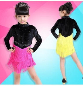 fuchsia yellow and black patchwork Velvet long sleeves turtle neck diamond tassels girls kids children school play competition latin cha cha ballroom leotards dance dresses outfits