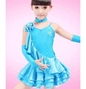 Gilrs children child kids blue yellow fuchsia sequined latin dance dress 110-160cm