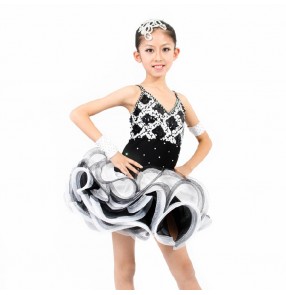 Girl's kids competition latin dance dress black and white patchwork 110-160cm